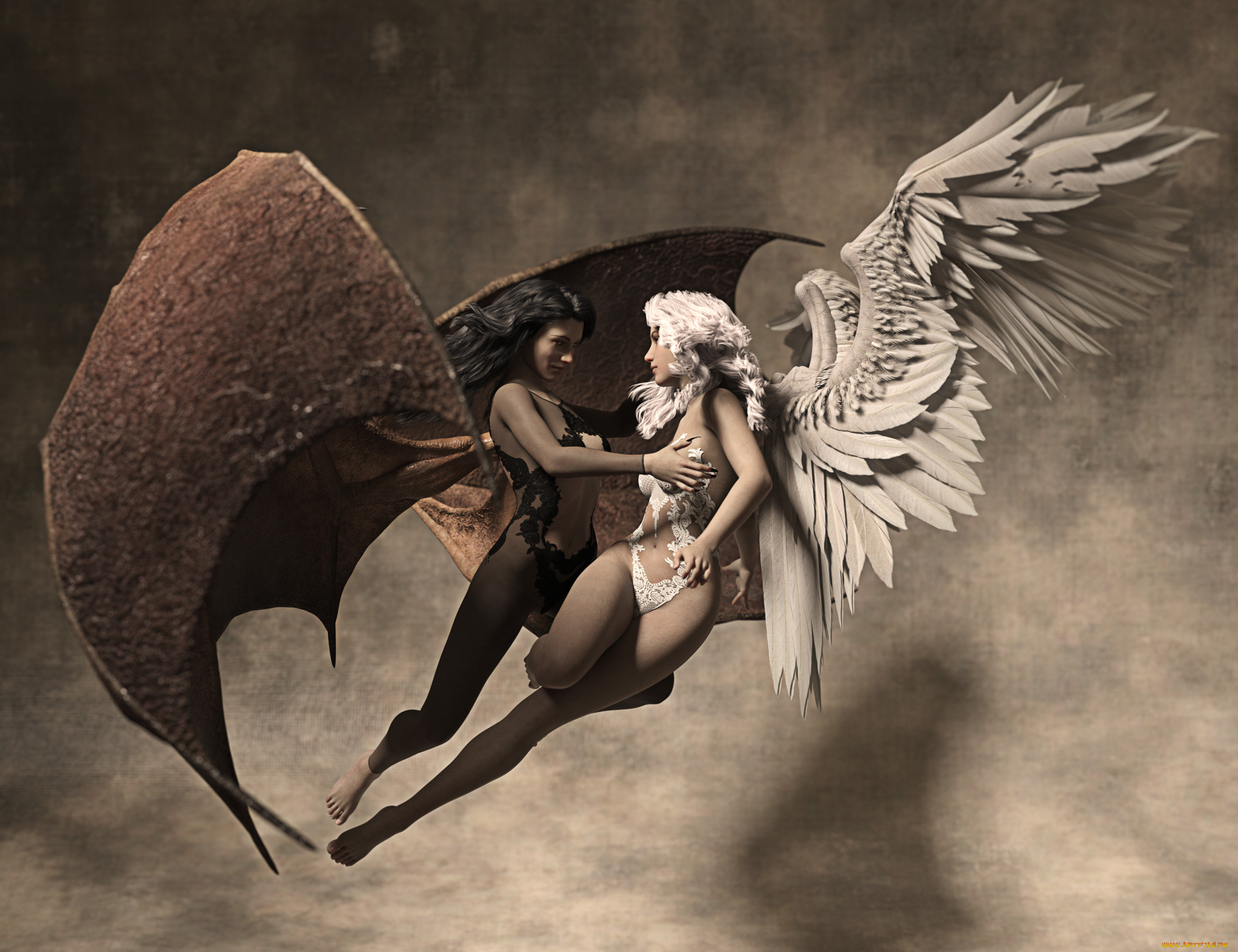 3д графика, ангел , angel, девушки, фон, крылья.
